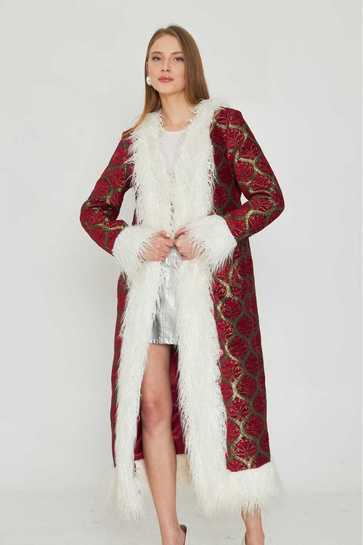 Jakar Suni Kürk Detaylı Kaftan - Kimono 8