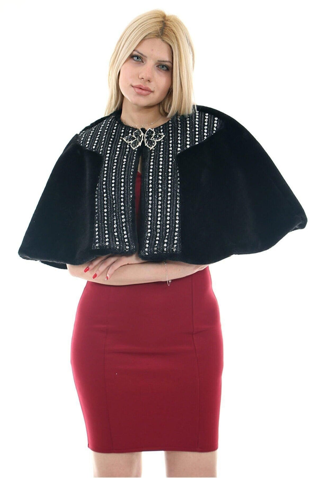 Kadın Siyah Suni Kürk Faux Fur Bolero Ve Broş - Panço 2