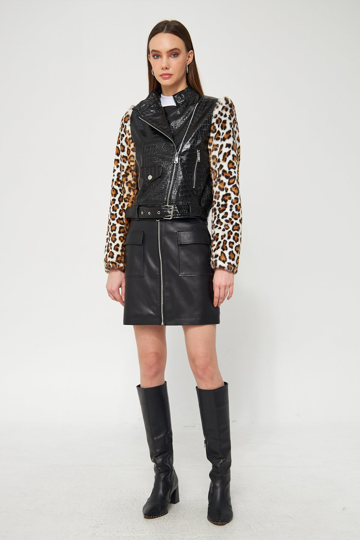 Suni Deri Biker Ceket Leopar - Ceket