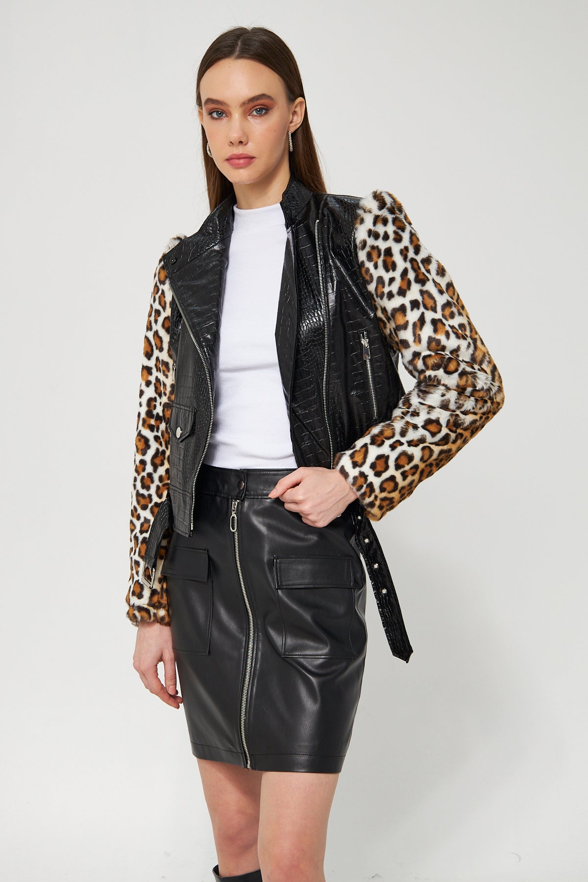Suni Deri Biker Ceket Leopar - Ceket 5