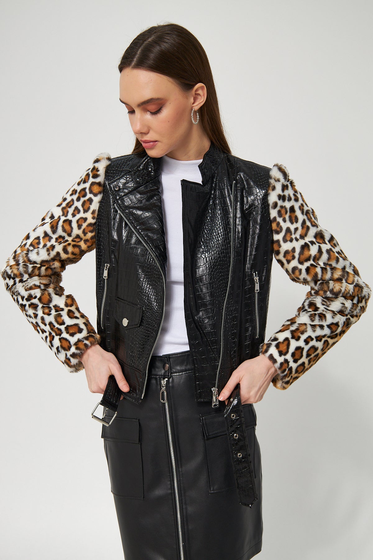 Suni Deri Biker Ceket Leopar - Ceket 6
