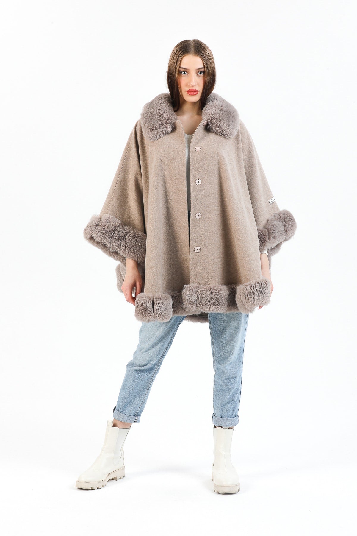 Suni Kürklü Kaşmir Bej Oversize Kalıp Kadın Panço - Panço