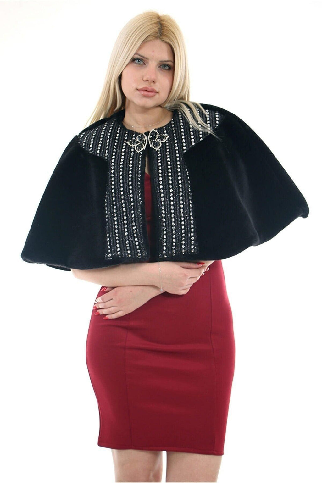 Kadın Siyah Suni Kürk Faux Fur Bolero Ve Broş - Panço