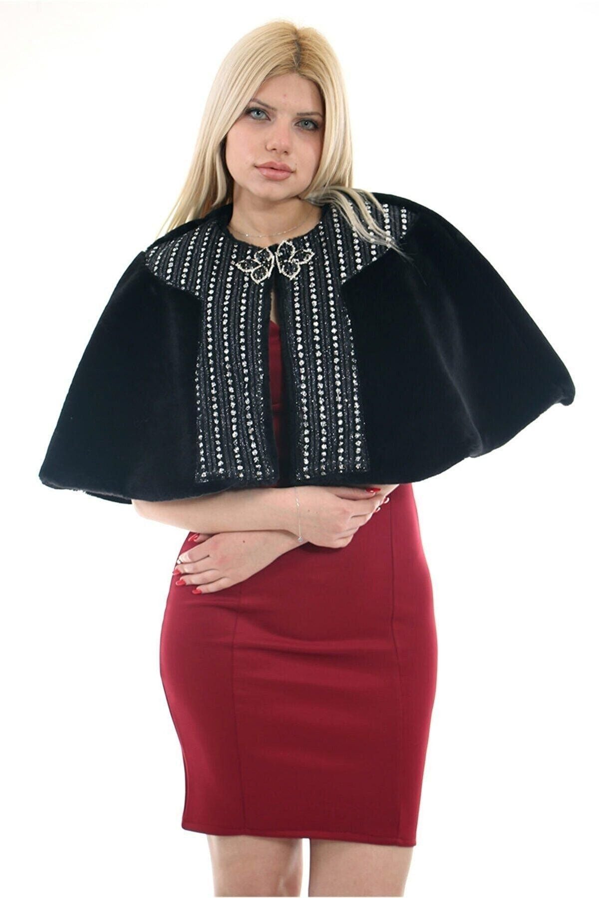 Kadın Siyah Suni Kürk Faux Fur Bolero Ve Broş - Panço