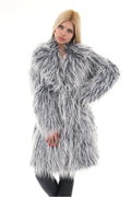 Kadın Gri Suni Kürk Faux Fur Çeltik Yaka Snap Düğmeli Uzun Tüylü Kaban - Kaban
