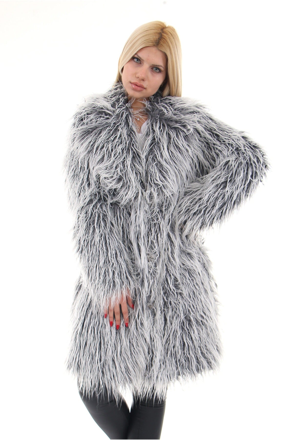 Kadın Gri Suni Kürk Faux Fur Çeltik Yaka Snap Düğmeli Uzun Tüylü Kaban - Kaban