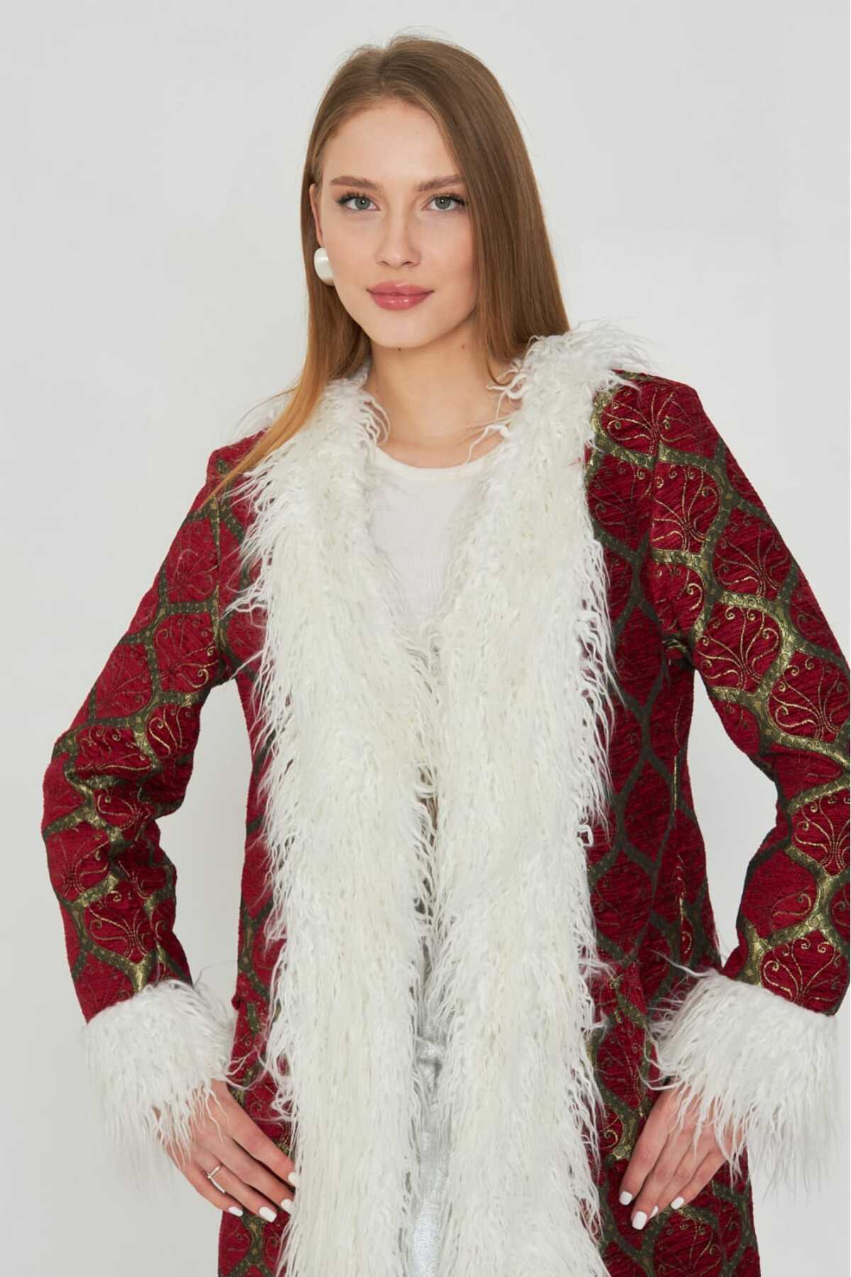 Jakar Suni Kürk Detaylı Kaftan - Kimono 5