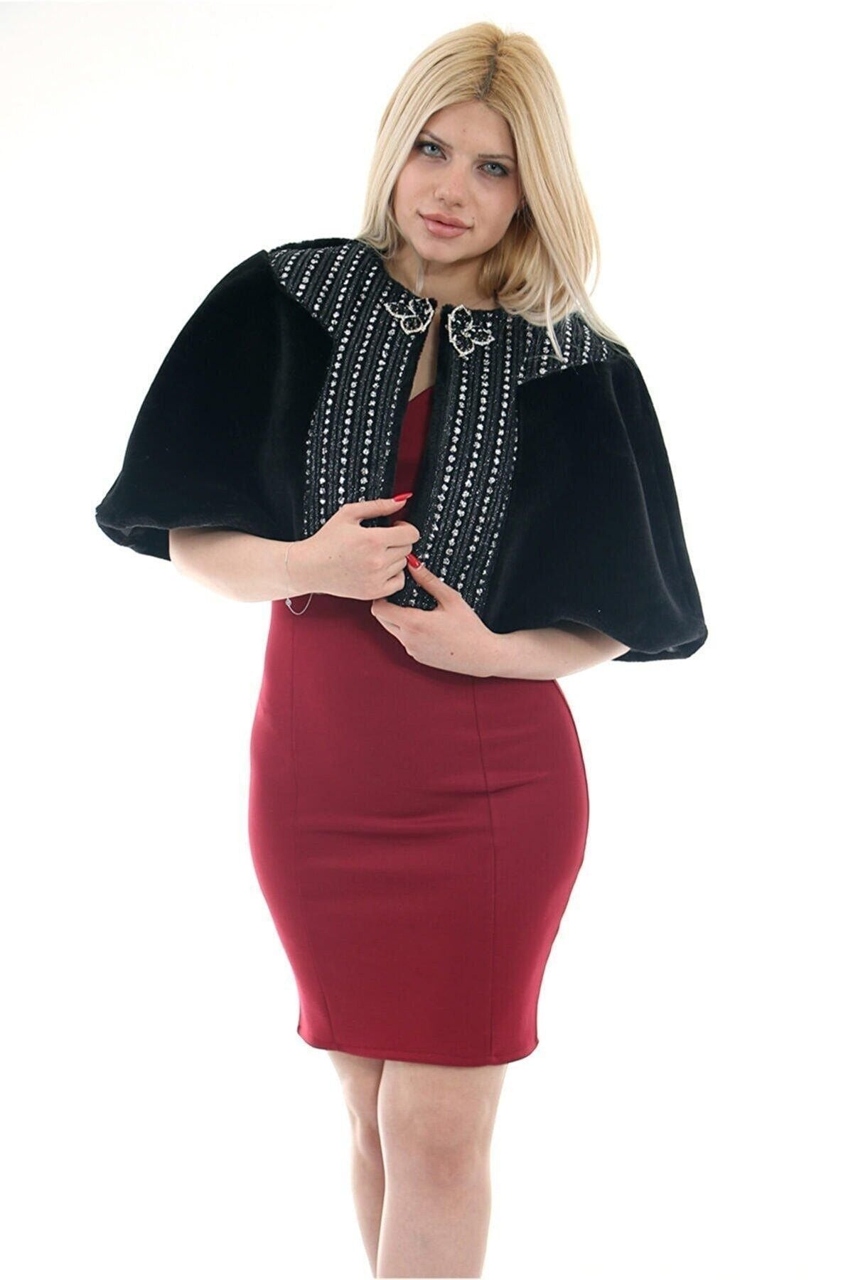 Kadın Siyah Suni Kürk Faux Fur Bolero Ve Broş - Panço 3