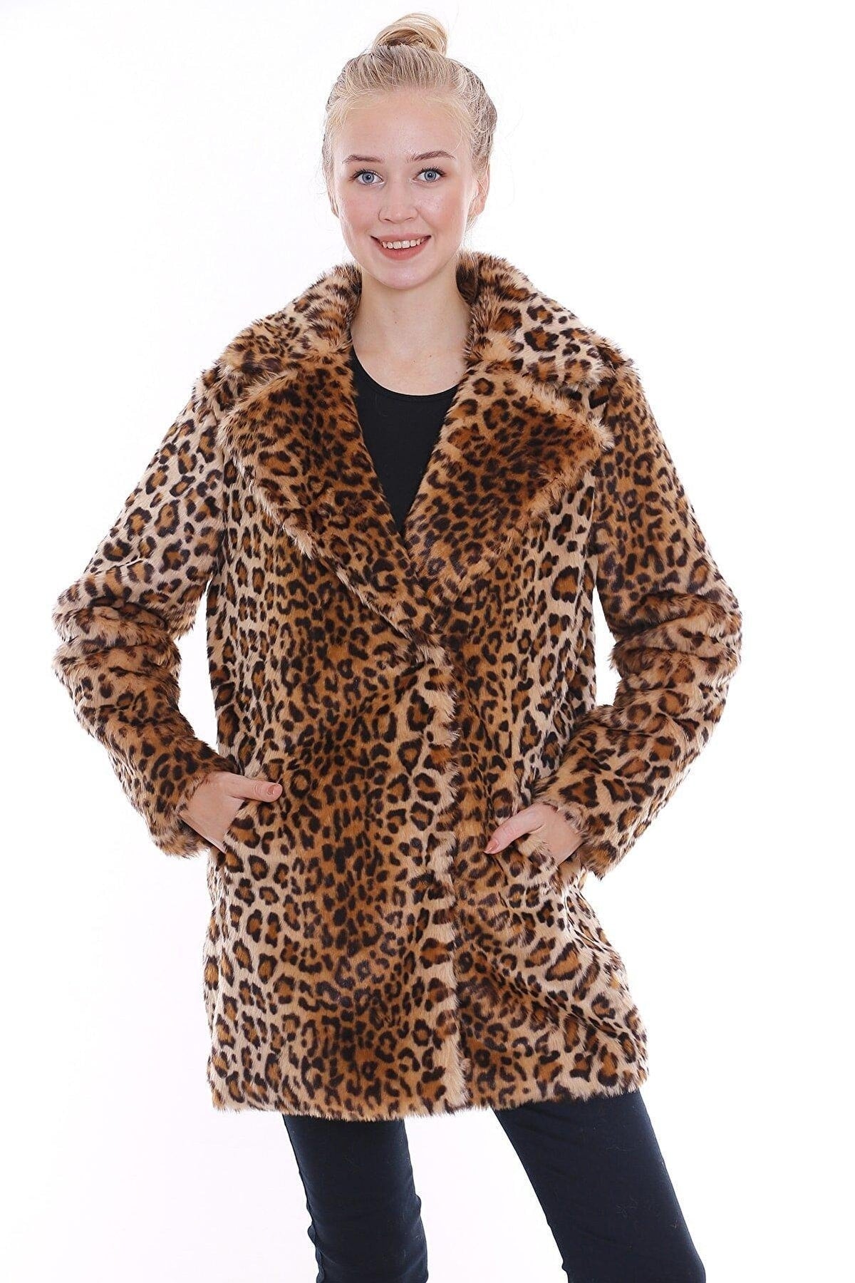 Suni Kürk Leopar Desenli Kadın Kaban - Kaban 8