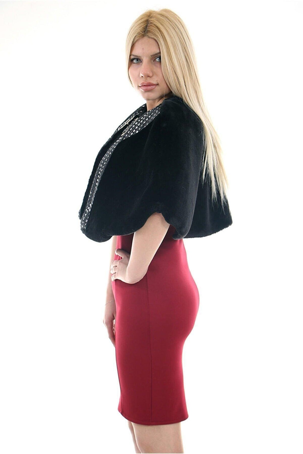 Kadın Siyah Suni Kürk Faux Fur Bolero Ve Broş - Panço 4