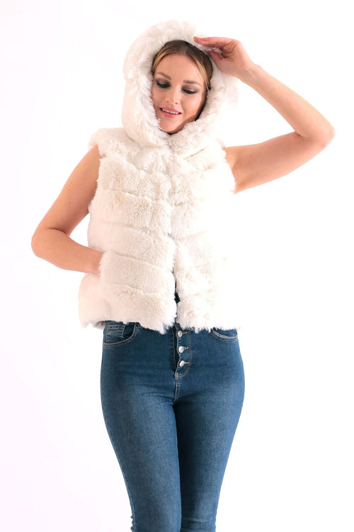 Kadın Beyaz Suni Kürk Faux Fur Kapüşonlu Yelek - Kaban 2