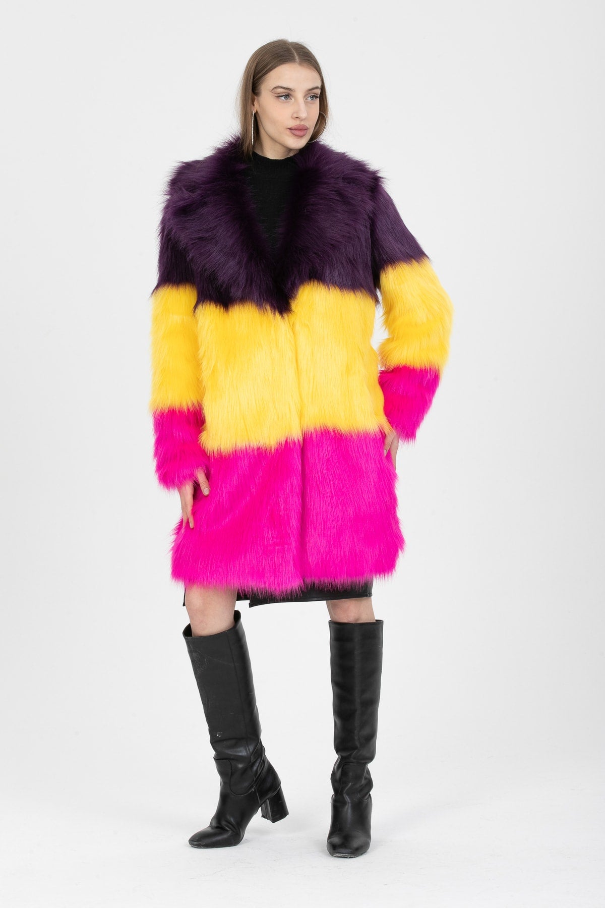 Suni Kürk Mor Sarı Pembe Kadın Kaban - Kaban 4