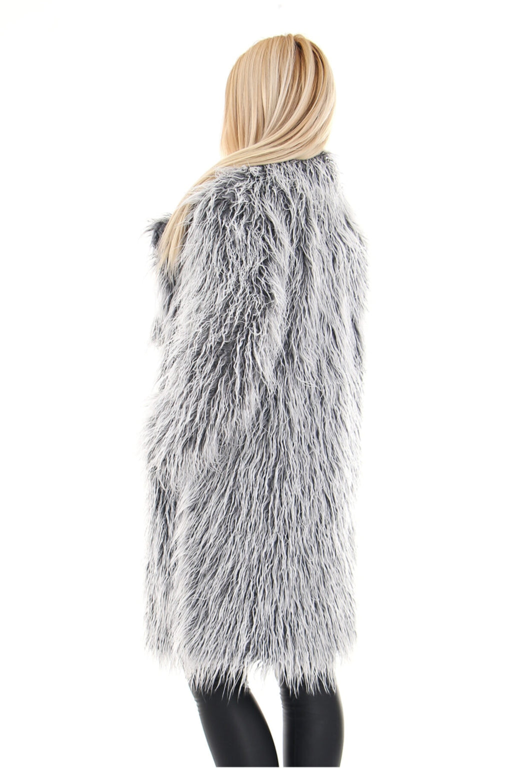 Kadın Gri Suni Kürk Faux Fur Çeltik Yaka Snap Düğmeli Uzun Tüylü Kaban - Kaban 4