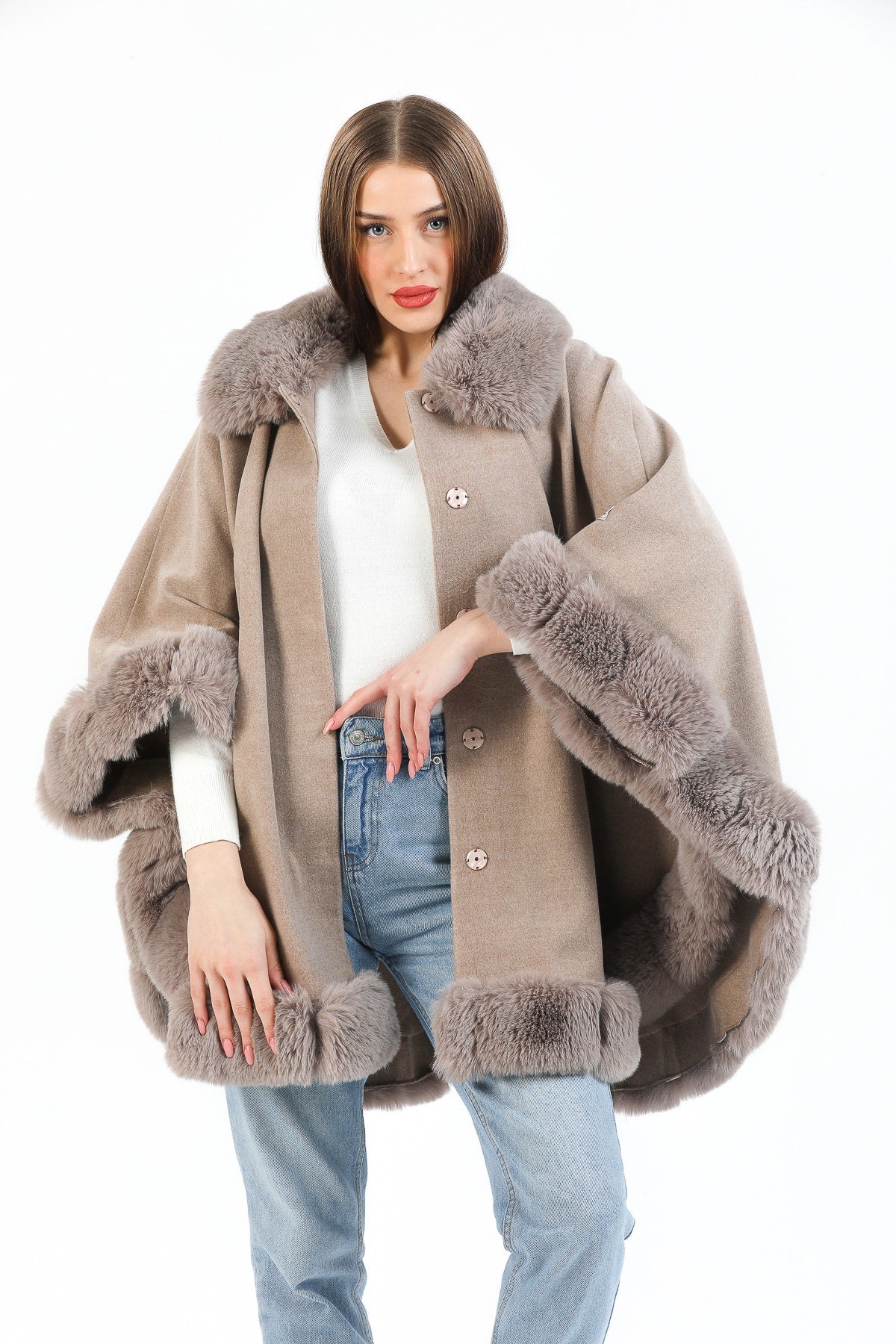 Suni Kürklü Kaşmir Bej Oversize Kalıp Kadın Panço - Panço 5