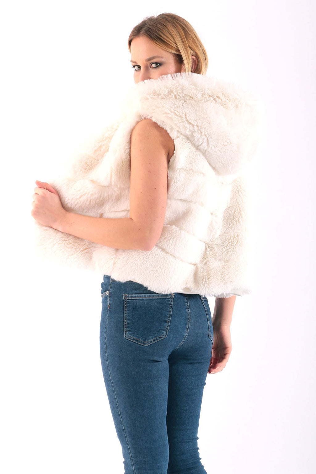 Kadın Beyaz Suni Kürk Faux Fur Kapüşonlu Yelek - Kaban 5