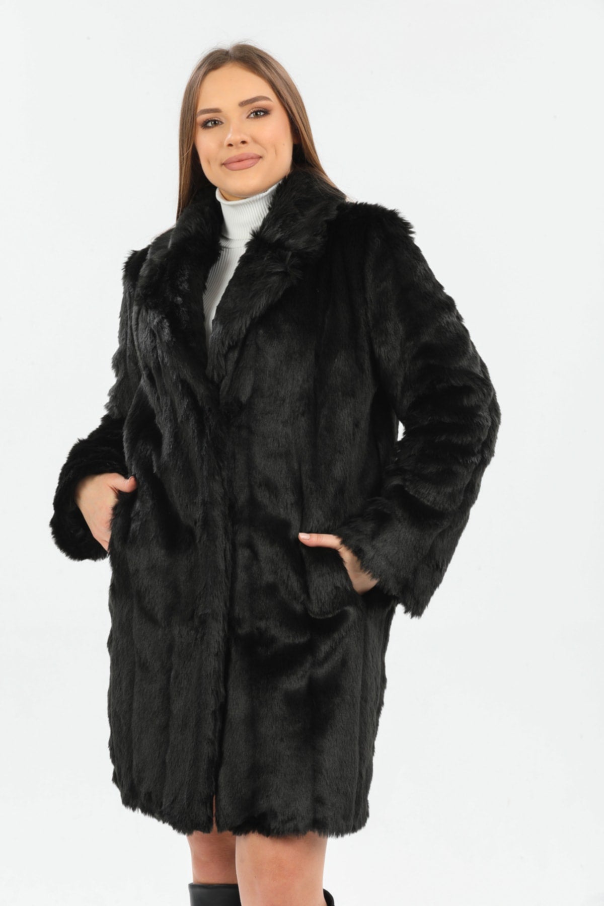 Redpoint Suni Kürk (faux Fur) Rex Desenli Siyah Kaban - Kaban 5