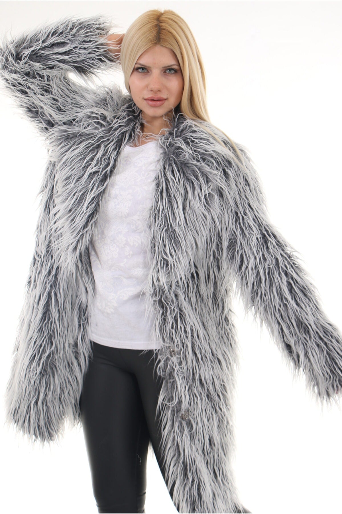 Kadın Gri Suni Kürk Faux Fur Çeltik Yaka Snap Düğmeli Uzun Tüylü Kaban - Kaban 5