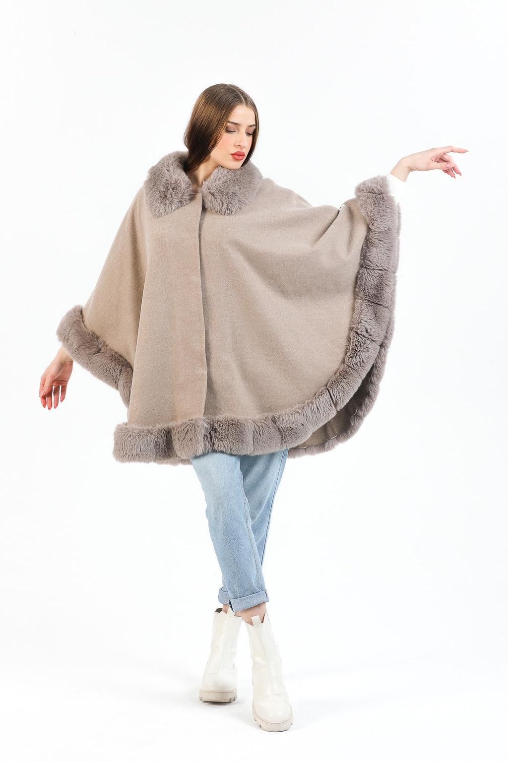 Suni Kürklü Kaşmir Bej Oversize Kalıp Kadın Panço - Panço 6