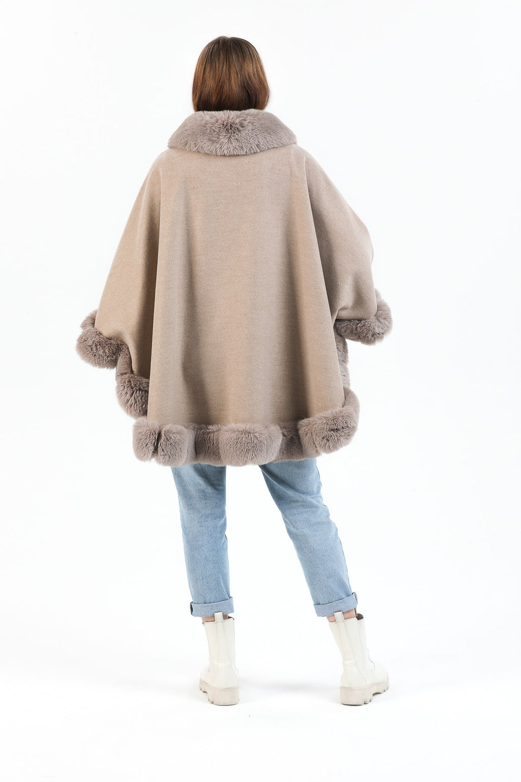 Suni Kürklü Kaşmir Bej Oversize Kalıp Kadın Panço - Panço 7